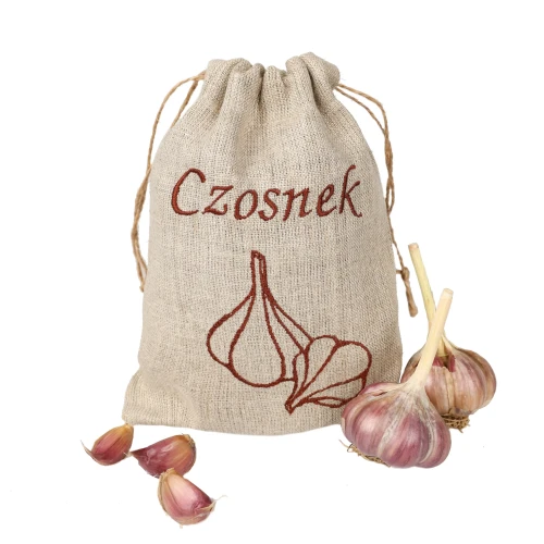 Lniany worek z haftem, na czosnek 15x20 cm