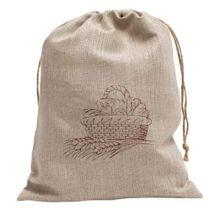 Lniany worek na pieczywo z bawełnianą podszewką i haftem, Koszyczek 26x36 cm – kolor naturalny