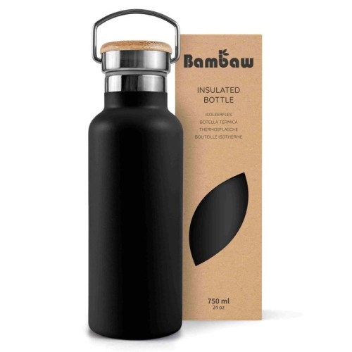 Butelka termiczna ze stali nierdzewnej z bambusową zakrętką, podwójnie izolowana, Jet Black, ZERO WASTE, 750 ml - Bambaw