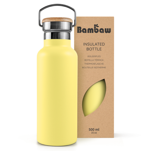 Butelka termiczna ze stali nierdzewnej z bambusową zakrętką, podwójnie izolowana, Yellow Beam, ZERO WASTE, 750 ml - Bambaw