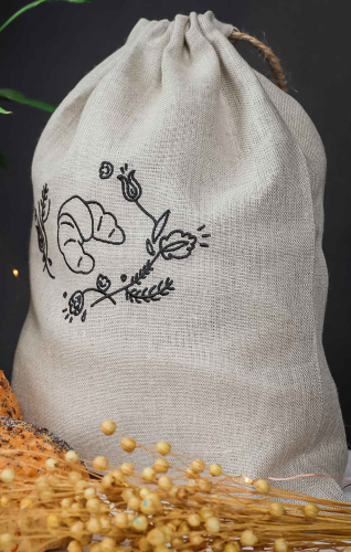 Lniany worek na pieczywo z haftem i bawełnianą podszewką - Rogalik folk - 26x36 cm